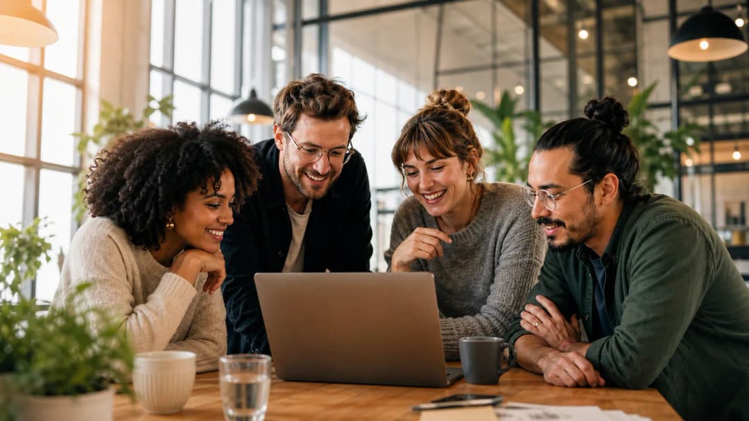 Vier Teammitglieder einer Agentur lachen gemeinsam vor einem Laptop