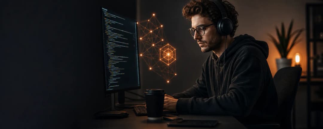 Entwickler mit Kopfhörern arbeitet am Code, im Hintergrund eine leuchtende Multi-Agent-Vernetzung