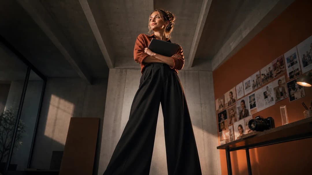 Marketing-Profi steht vor einer Pinnwand mit Kampagnen-Fotos in einem Studio